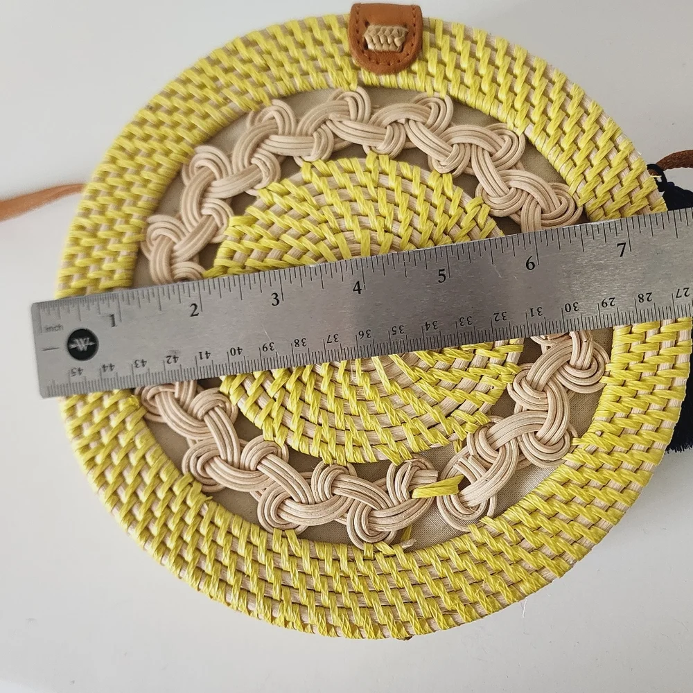 Hand Crafted Bali Yellow & Beige Tassel Rattan Circle Crossbody Bag
